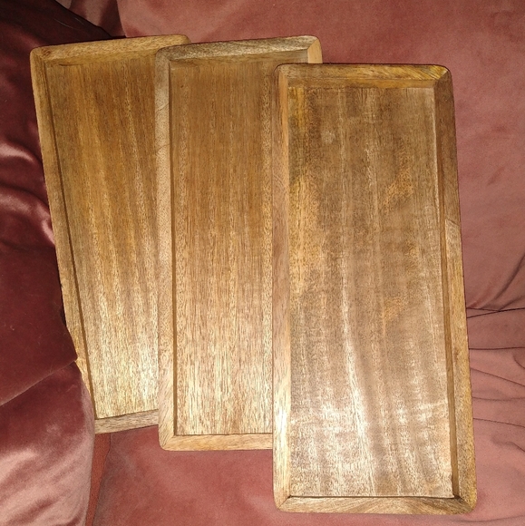 Set 3 Trays Rectangle Carved Mango Wood Food Safe Breakfast Tray Cafecore Boho - Picture 3 of 15